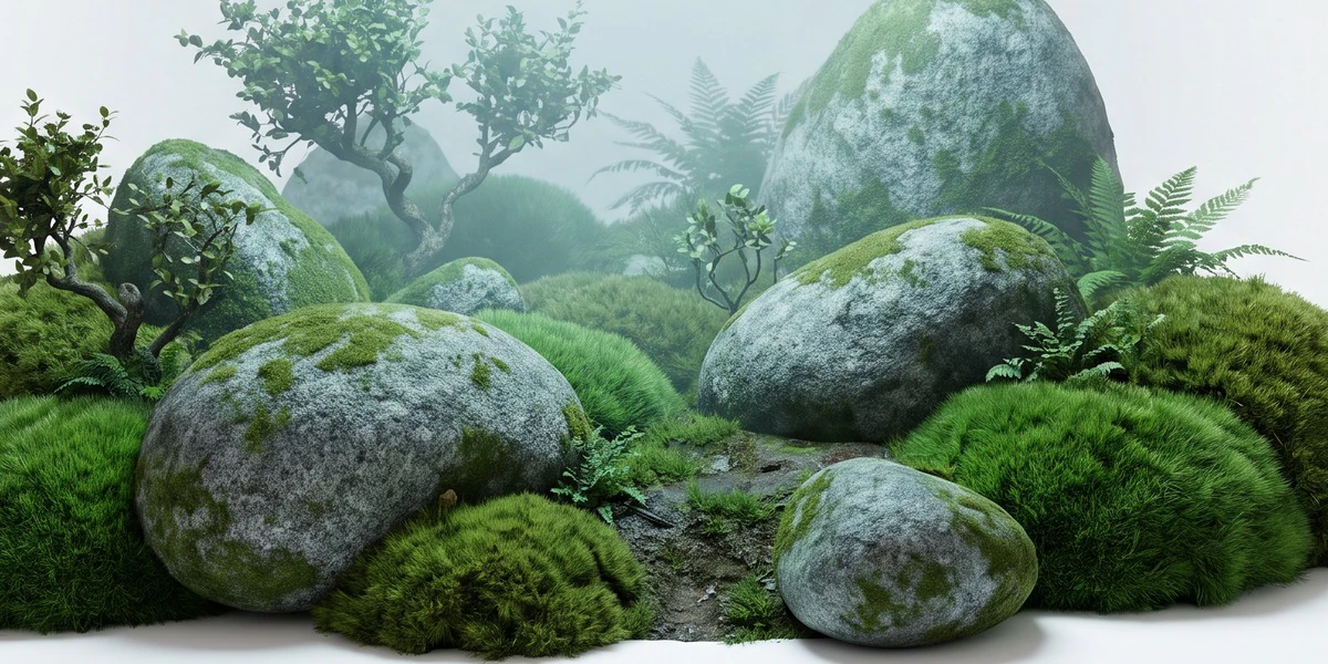 Moss-covered boulders in a misty grove