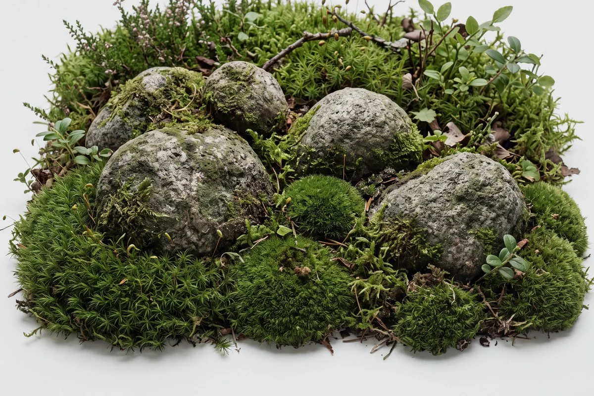 A cushion of moss grown over lichen-crusted stones